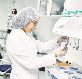 Female pharmacist analyzing sample in laboratory